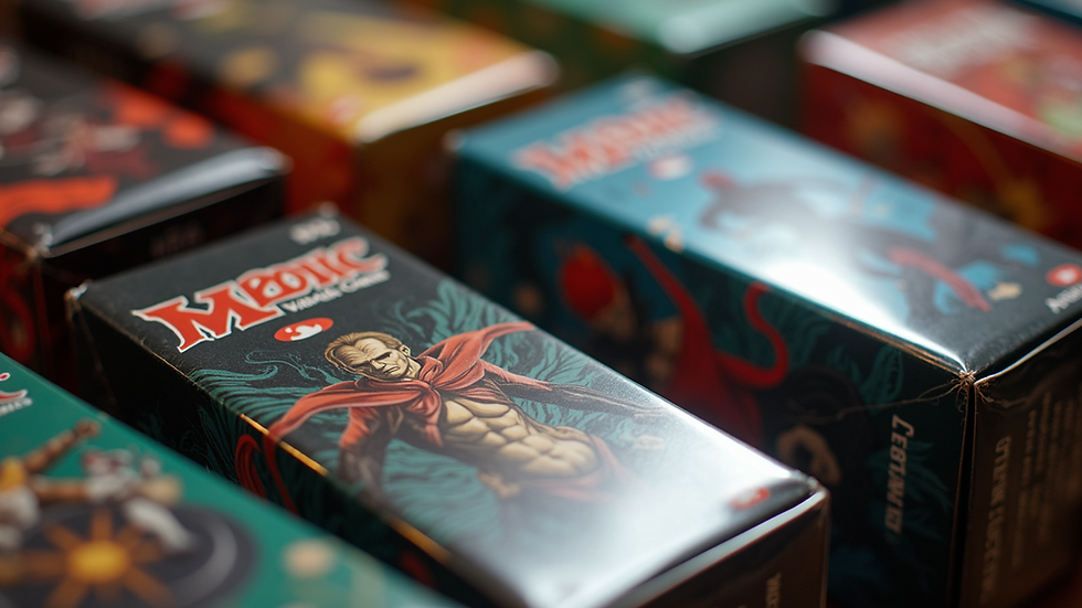 High angle view of popular trading card game boxes