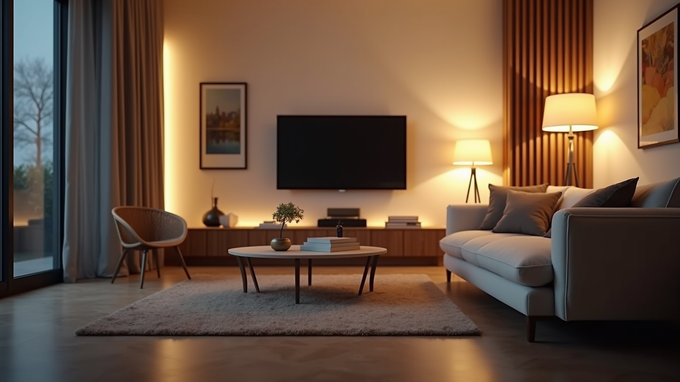 Eye-level view of a living room with automated lighting and smart devices