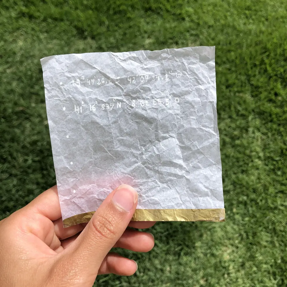 Colagem delicada com galho seco e fios dourados flutuando sobre fundo rosa névoa; mão segura composição com papéis texturizados, contraste com grama verde ao fundo.