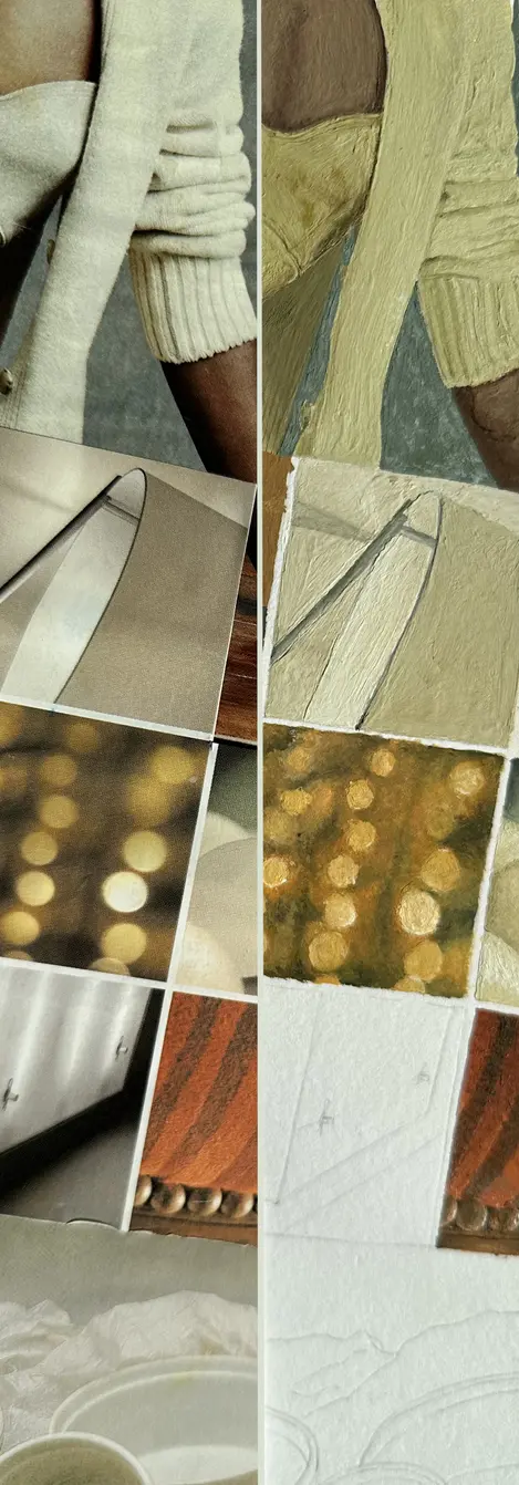 Composição dividida em três faixas: abaixo, colagem de recortes com objetos e fachadas; ao centro, folha translúcida com desenhos a grafite de formas fluidas; acima, pintura em tons dourados e ocres, mesclando detalhes realistas e esboços.