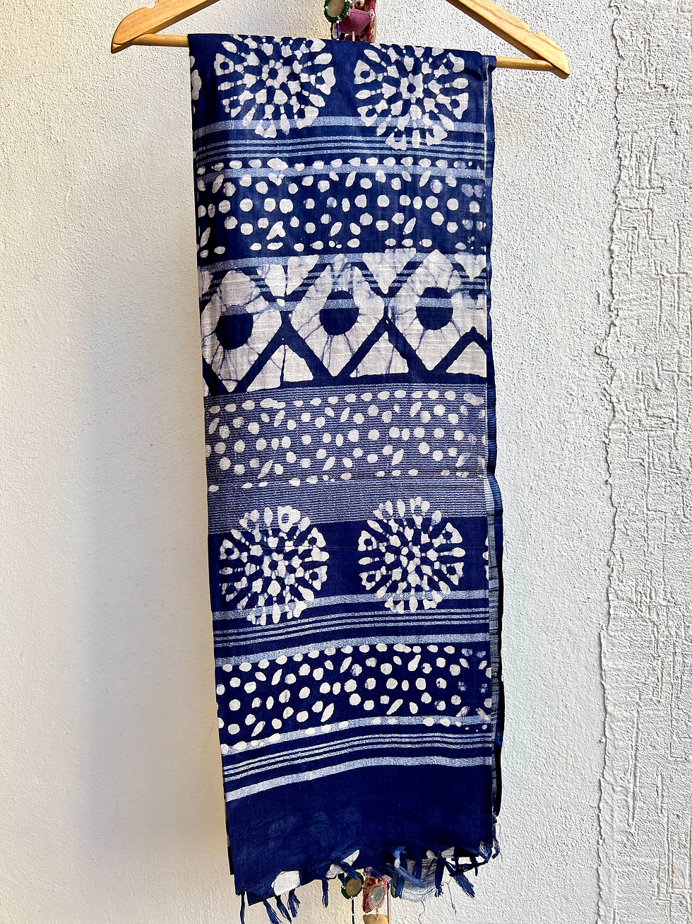 Hand Block Batik Print Handloom Linen Saree Navy Blue With Zari Lining