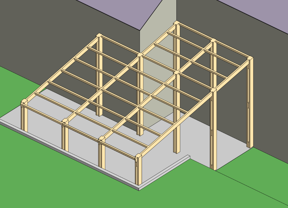 Conception d'un préau, structure bois douglas, toiture bacs acier