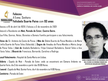 FALECEU a Sra. Felisbela Duarte Paiva com 93 Anos (Meã, Parada de Ester, Castro Daire)