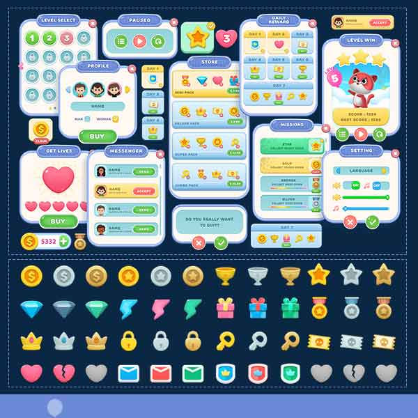 2D Casual Game GUI Pack – Premium Mobile Game UI Kit (PNG + PSD)_2