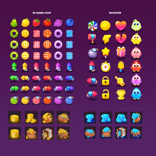 Thumbnail: Candy Fruits Match-3 GUI Pack - complete match-3 game UI kit with all interface elements
