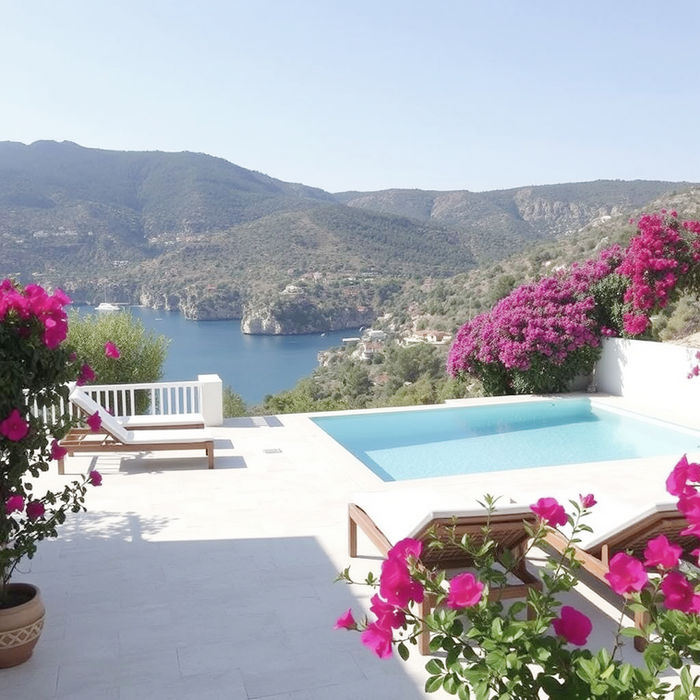 A generous private villa with wide sea and hillside views, four bedrooms, flowering outdoor spaces and room for families, friends and celebrations to settle in at their own pace.