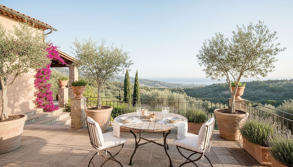 Wide-angle view of a sunny villa terrace prepared for arriving guests.