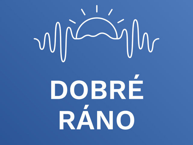 Modré pozadie s bielou ilustráciou východu slnka a vlny, text DOBRÉ RÁNO SME, veselá ranná nálada.