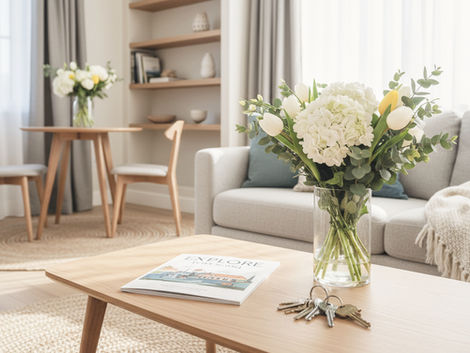 Wide-angle view of a bright apartment living room with a local guidebook and keys on a small table.