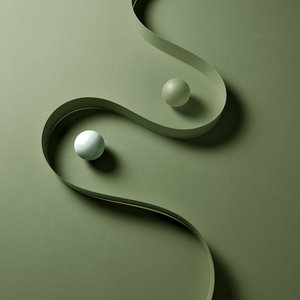 Abstract green yin-yang design with two white spheres on curved cutout layers, softly lit on a minimal background