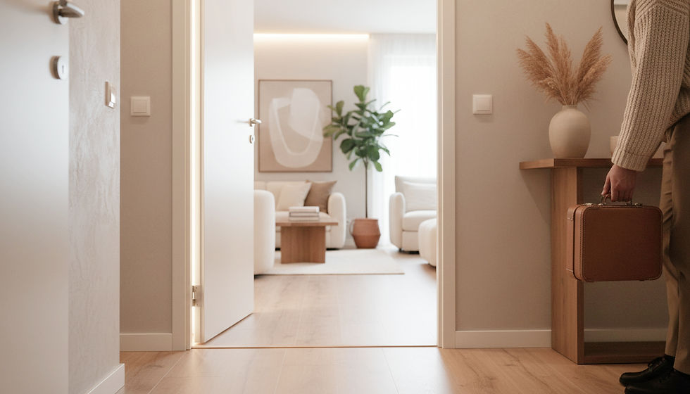 Eye-level view of a guest placing a small suitcase beside the entrance of a rental apartment