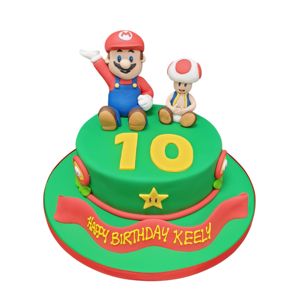 A colourful and fun Super Mario Bros themed cake featuring iconic characters Mario and Toad from the popular Nintendo video game series. Perfect for gaming enthusiasts and themed parties.