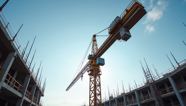 Eye-level view of a crane lifting a large steel beam on a UK construction site