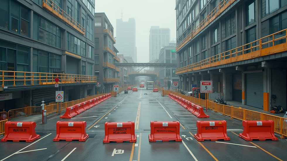 High angle view of a construction site with safety signs and barriers