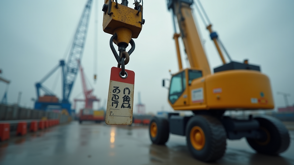 Eye-level view of a lifting crane hook with inspection tags attached