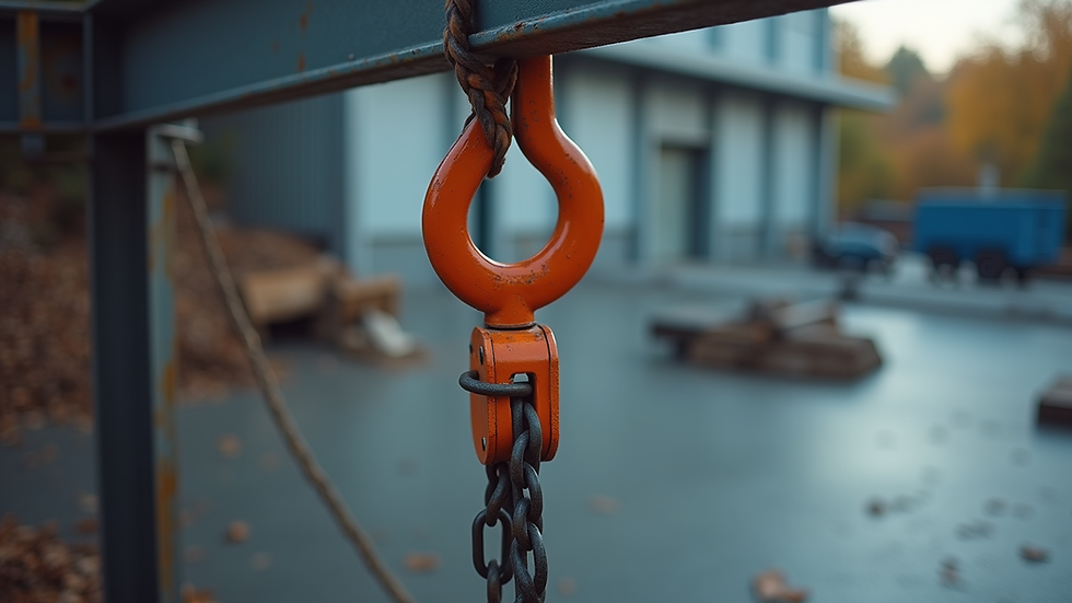 Close-up view of a lifting sling attached to a steel beam ready for hoisting