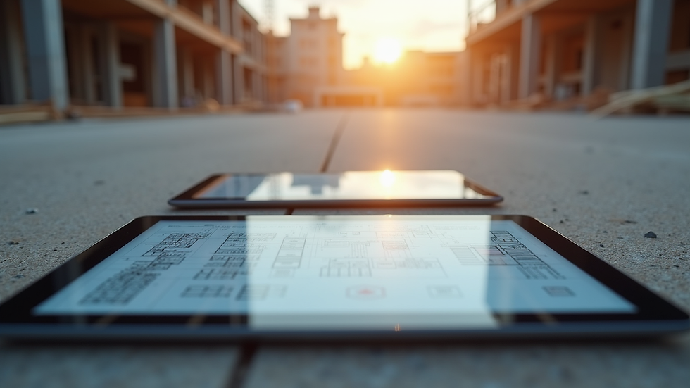 Eye-level view of a construction site with digital tablets showing project plans
