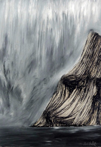 Time to Move On. Ink and pastel drawing. Edge of a mountain in the rain. Monochrome.