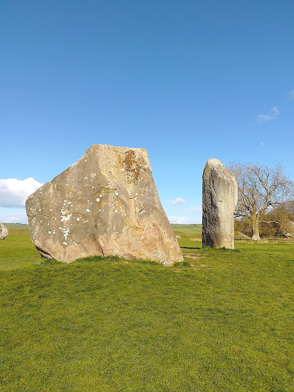 Two large stone monoliths at Avebury stand on a grassy field under a clear blue sky. A bare tree is visible in the background.