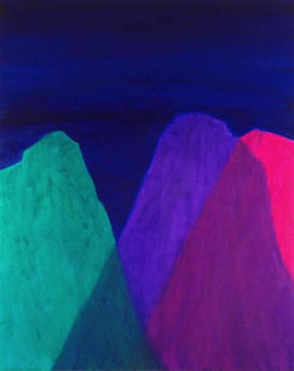 Resurgent Light. Green, purple, and pink mountains, against midnight blue sky. 