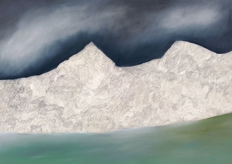 Contemporary landscape artwork in ink and pastel on paper. Pale mountains against dark sky with cloud. Moody atmosphere. 
