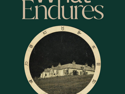 'What Endures' an exhibition at Boleskine House in Scotland. Social media slide with a circular image of a small mansion, surrounded by astrological symbols.