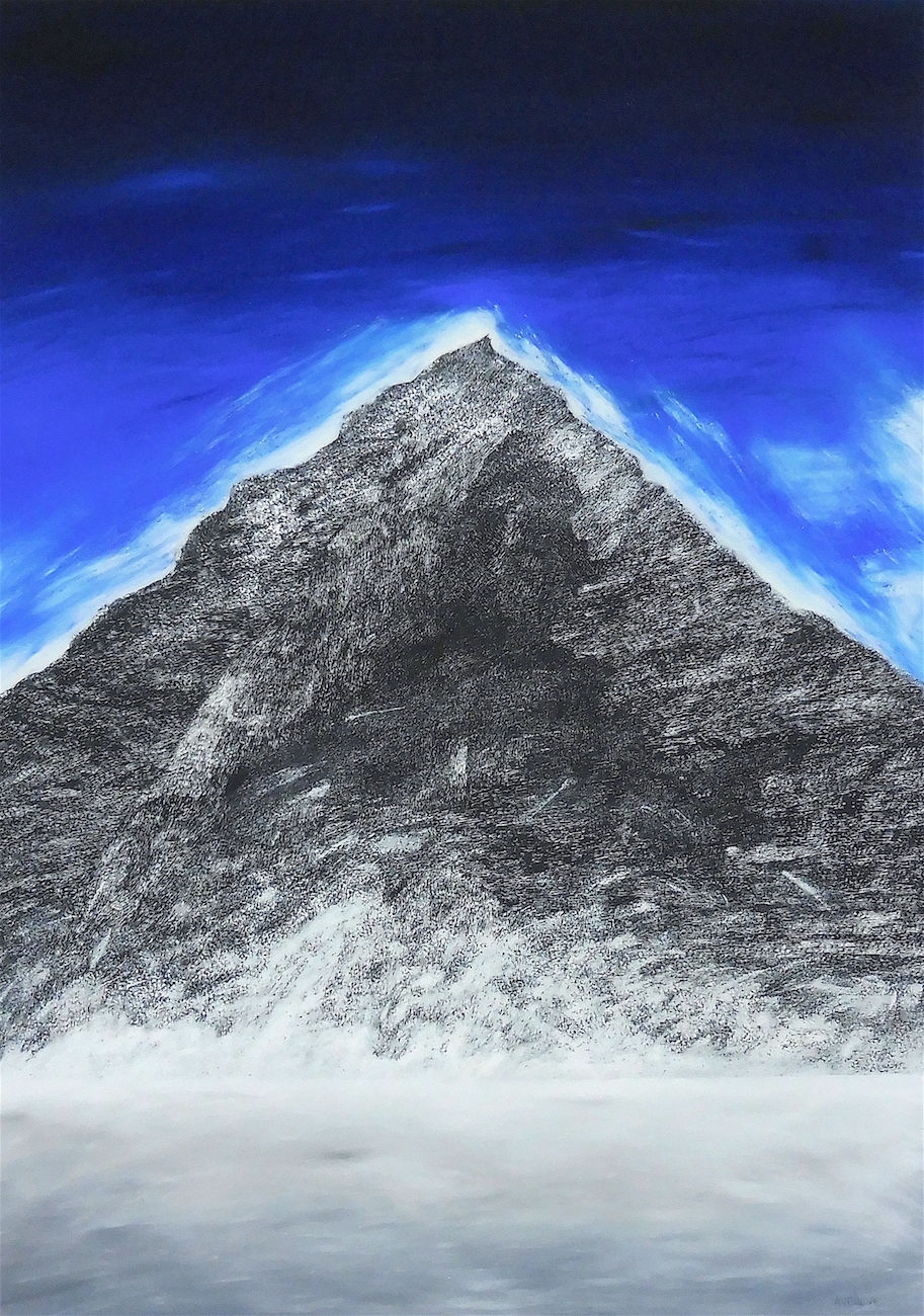 Dramatic dark mountain peak rising above snowy ground under a vivid blue sky, with a stark, moody feel.