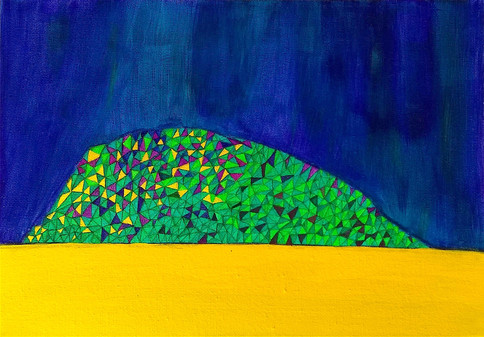 Mountains Green (2). Bright green mountain above bright yellow land. Blue, purple, and turquoise sky.