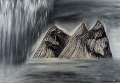 Searching For You. Ink island with grey seas, sky, and rain falling.
