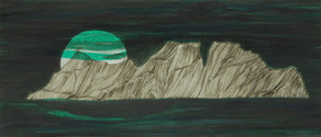Shrouded Moon - (2) . Acrylic paint and ink drawing. Full moon above mountains.