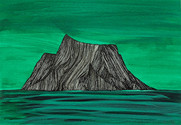 Viridis Stone. Visionary landscape art. Green sky with black ink mountain.