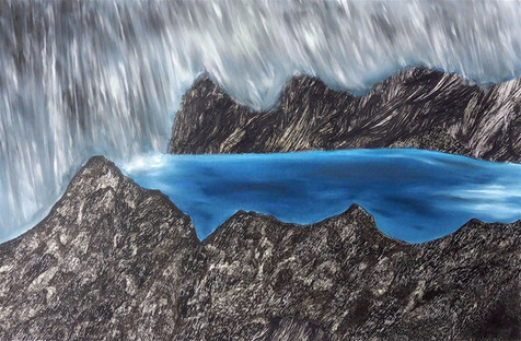 Seeking Shelter.Seeking Shelter. Pastel sky and sea, ink mountains. A deep blue loch, surrounded by mountains, with an approaching storm.