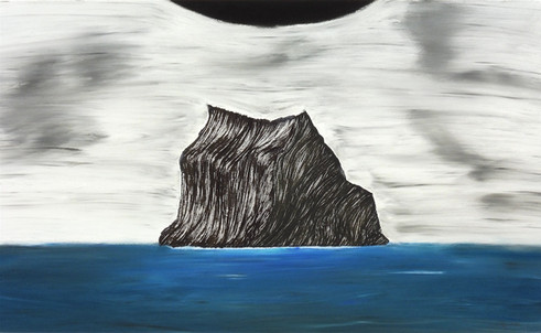 With A Fervent Longing. Ink island, with blue pastel sea, grey sky.