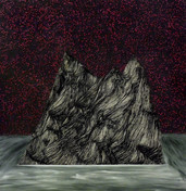 The Pathless Path. Dark ink drawn mountain, grey pastel sea, read starry background. Esoteric art.