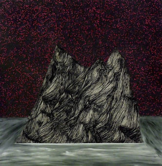 The Pathless Path. Dark ink drawn mountain, grey pastel sea, read starry background. Esoteric art.