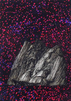Eternal Bloom. Dense triangles of red, purple, black, with black mountain drawn in ink.