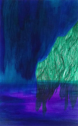 Mystical landscape. Green mountain against deep blue, submerged in purple. Acrylic paint.