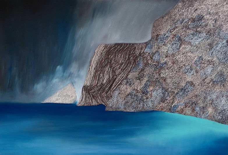 Contemporary landscape artwork in ink and pastel on paper. Dramatic seascape with cliffs.