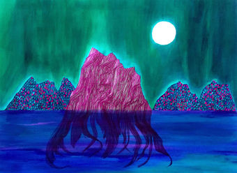 The Forgotten Song. Contemporary landscape artwork on paper. Purple mountain with tendrils, floats in purple sea, with green sky, and full moon. 