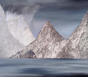 Atmospheric monochrome mountain landscape drawing in pastel, ink, and graphite. 