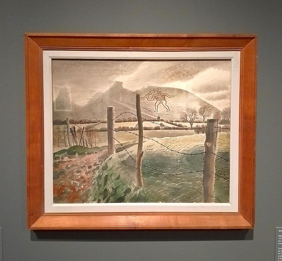 Framed landscape painting by Eric Ravilious of snowy fields and mountains behind barbed wire, with a small abstract figure in the sky