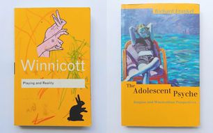 Two book covers with yellow backgrounds. Left: "Winnicott," hand and rabbit art. Right: "The Adolescent Psyche," painting of a person by water. Influences in the work of Andrew Phillips, Psychotherapist