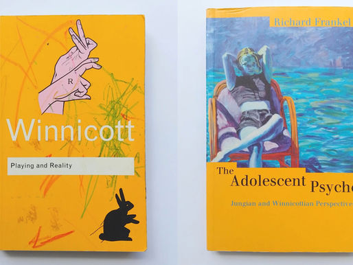 Two book covers with yellow backgrounds. Left: "Winnicott," hand and rabbit art. Right: "The Adolescent Psyche," painting of a person by water. Influences in the work of Andrew Phillips, Psychotherapist