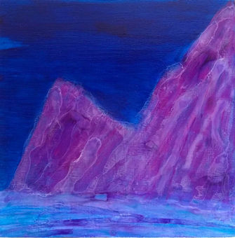 An Echo Of Stillness. Purple mountains against blue sea. 