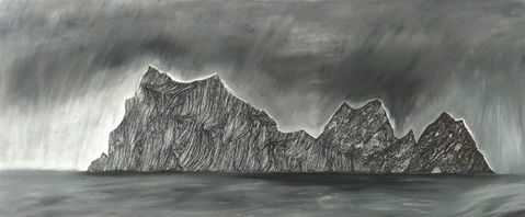 Dark mountain landscape with grey sky. 