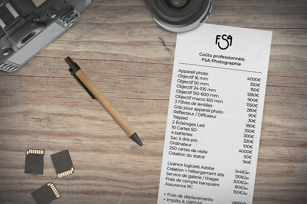 Photo d'une table avec un ticket de caisse expliquant le coût d'être photographe