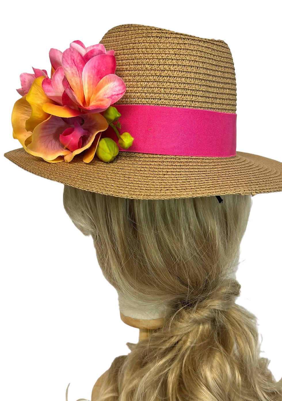 Thumbnail: frangipani pink yellow and orange straw fedora