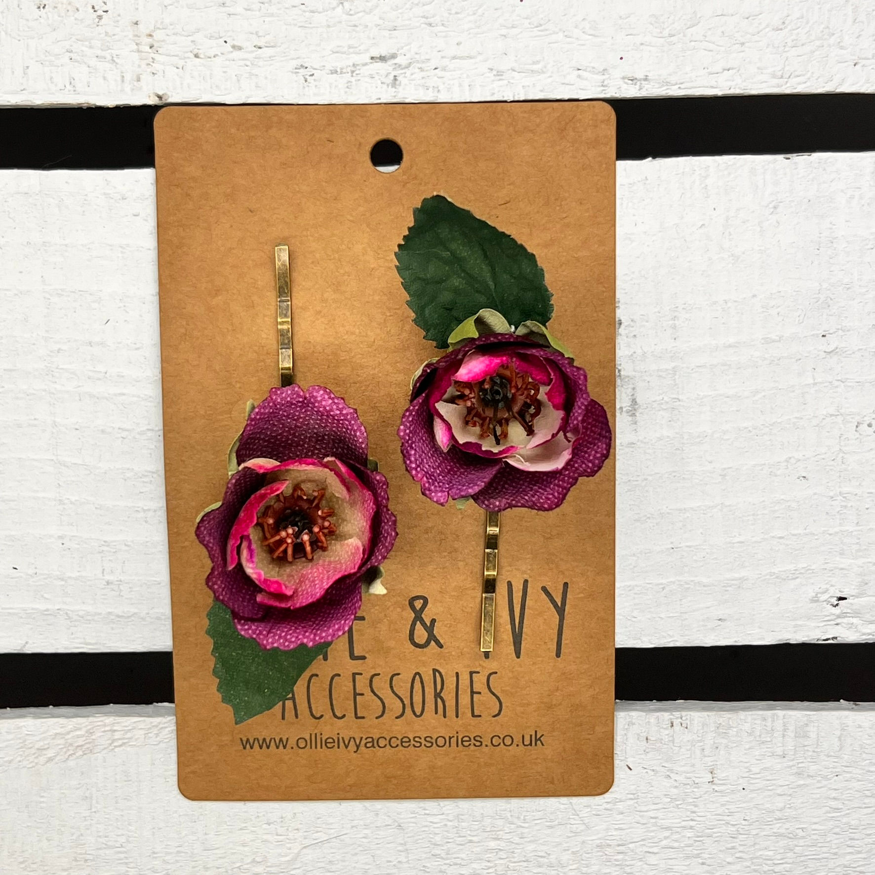New ECO Aubergine Purple rose bud hair clips, bobby pins x 2