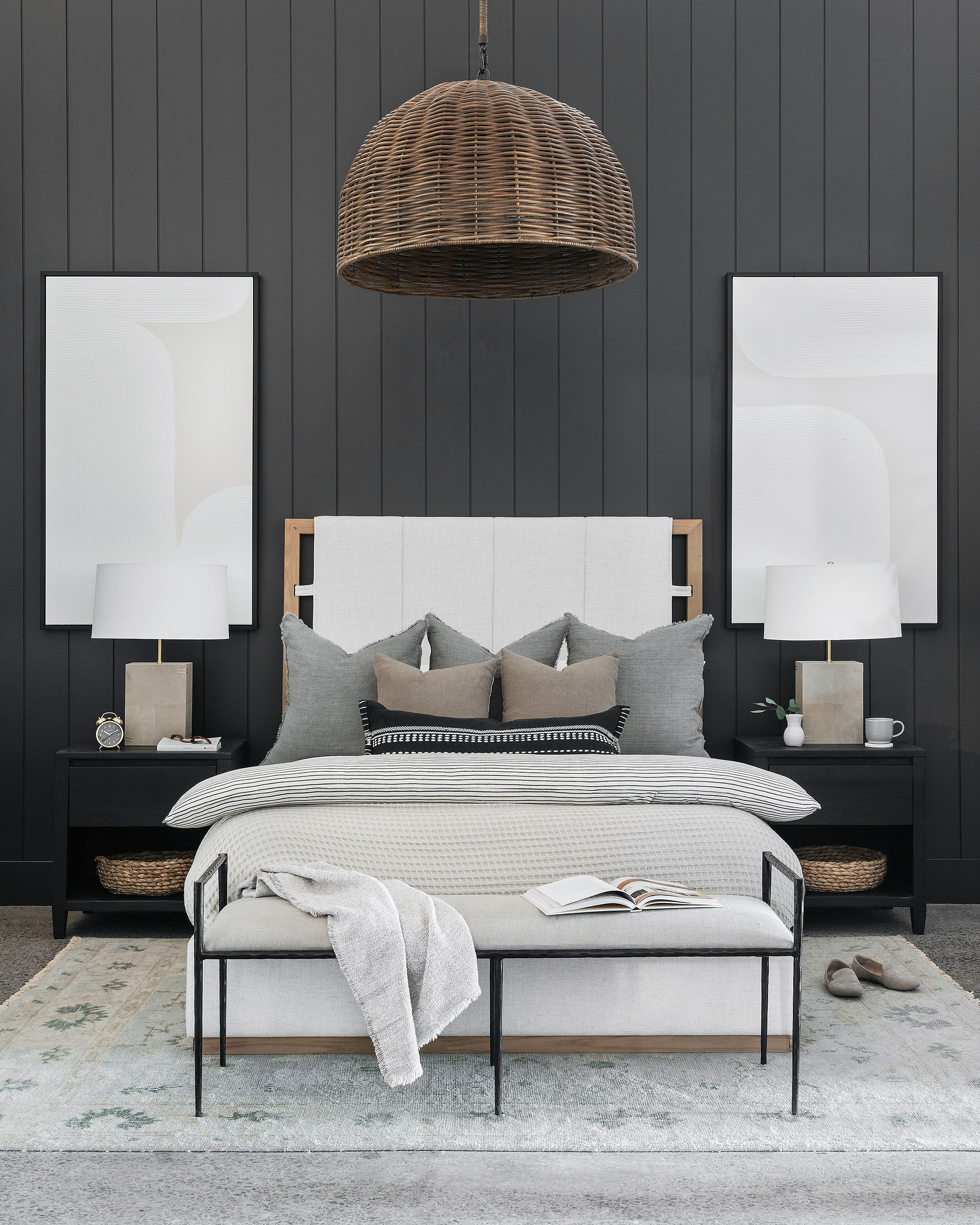 warm modern living, dark shiplap, cozy bedroom, organic modern bedroom