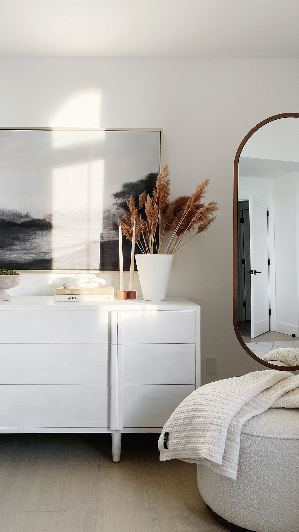 Fall inspiration, white dresser, bedroom, landscape art, boucle ottoman, interior design tips, fall design tips